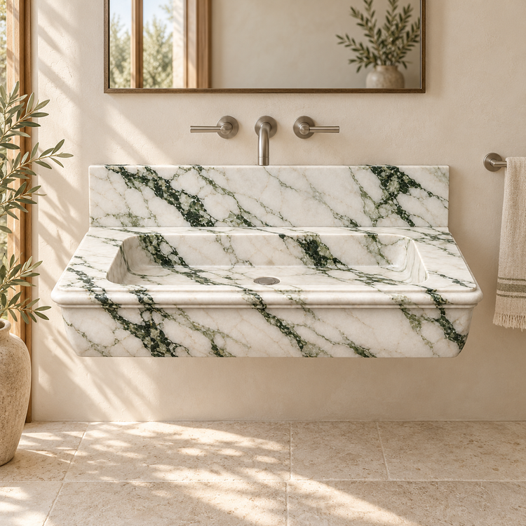Ogee Calacatta Green Classic Profile Floating Marble Sink, styled bathroom view, design rendering