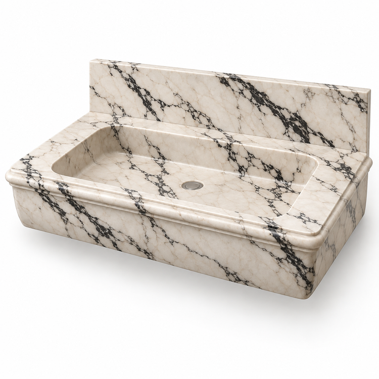 Ogee Calacatta Viola Classic Profile Floating Marble Sink, three-quarter view on white, design rendering