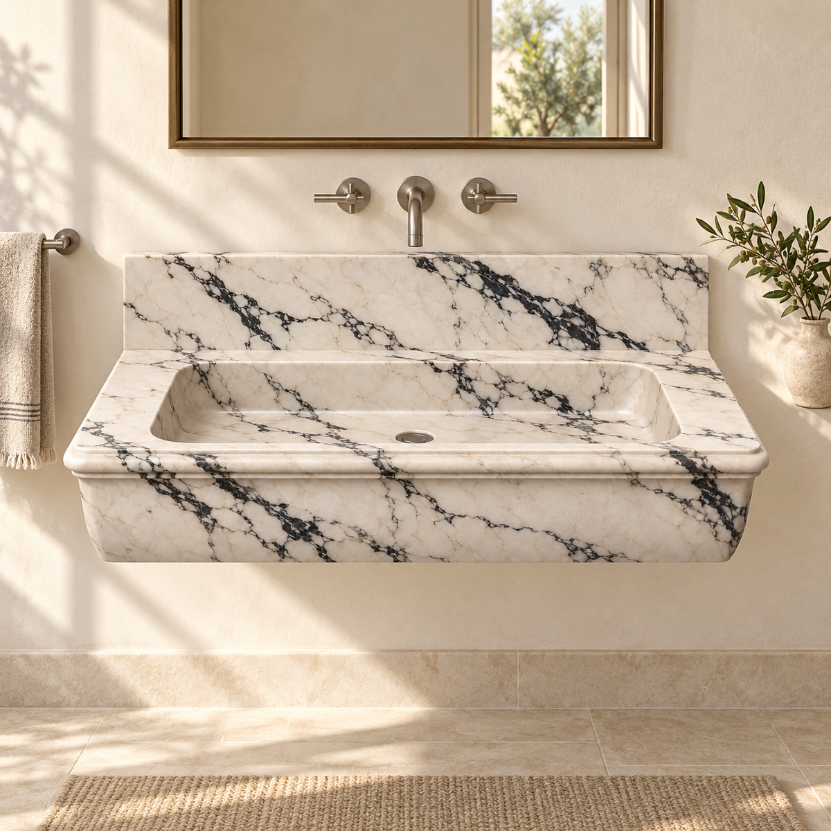 Ogee Calacatta Viola Classic Profile Floating Marble Sink, styled bathroom view, design rendering