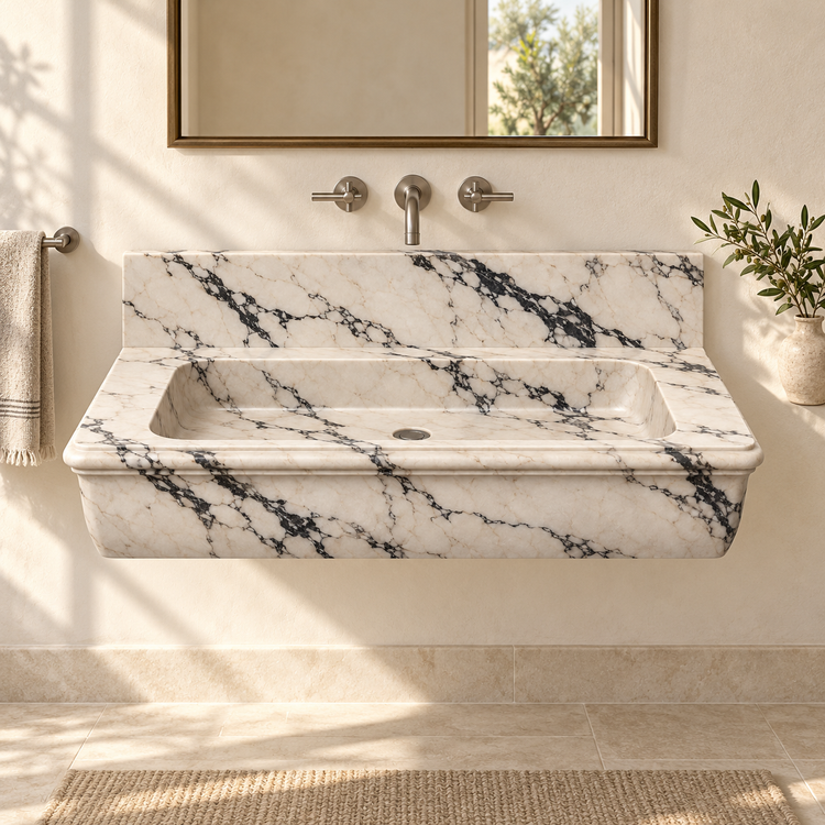 Ogee Calacatta Viola Classic Profile Floating Marble Sink, styled bathroom view, design rendering