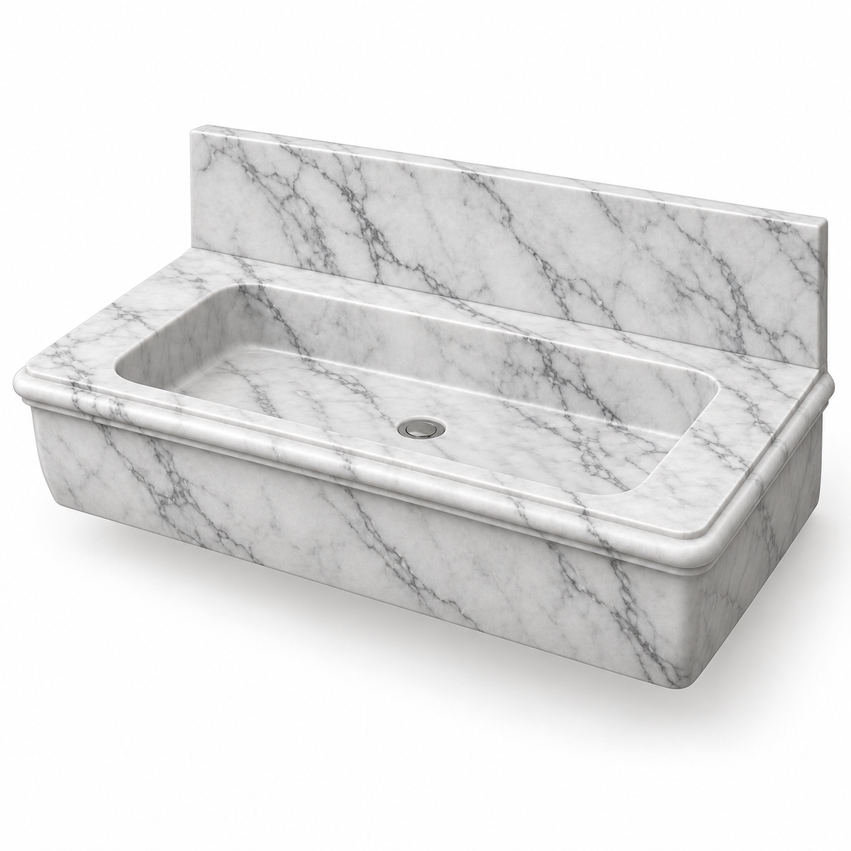 Ogee Carrara Classic Profile Floating Marble Sink, three-quarter view on white, design rendering