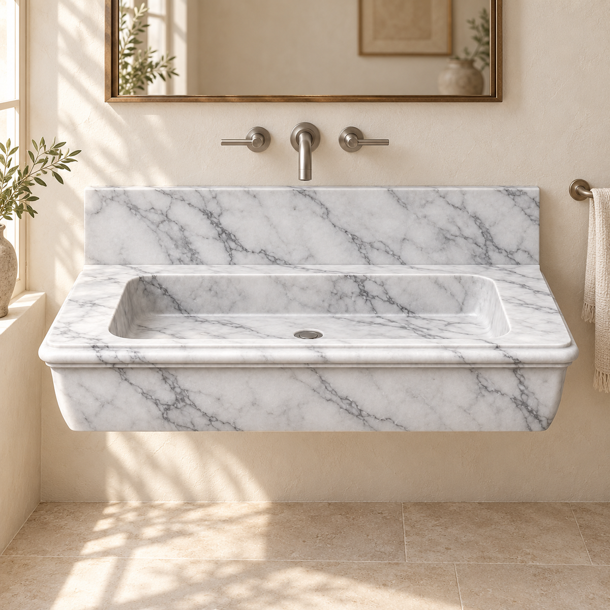 Ogee Carrara Classic Profile Floating Marble Sink, styled bathroom view, design rendering