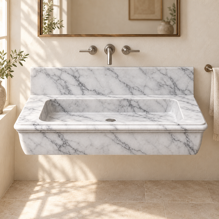 Ogee Carrara Classic Profile Floating Marble Sink, styled bathroom view, design rendering