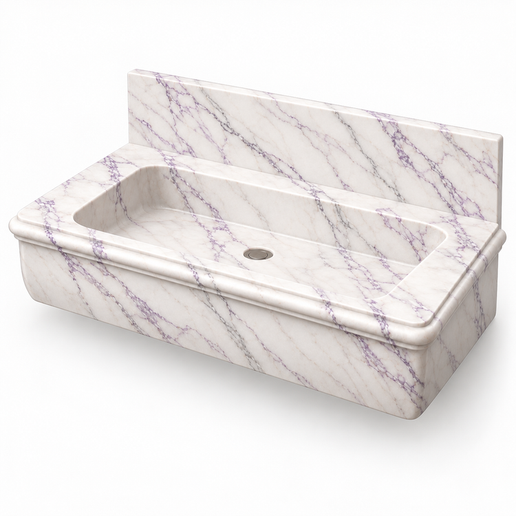 Ogee Lilac Classic Profile Floating Marble Sink, three-quarter view on white, design rendering