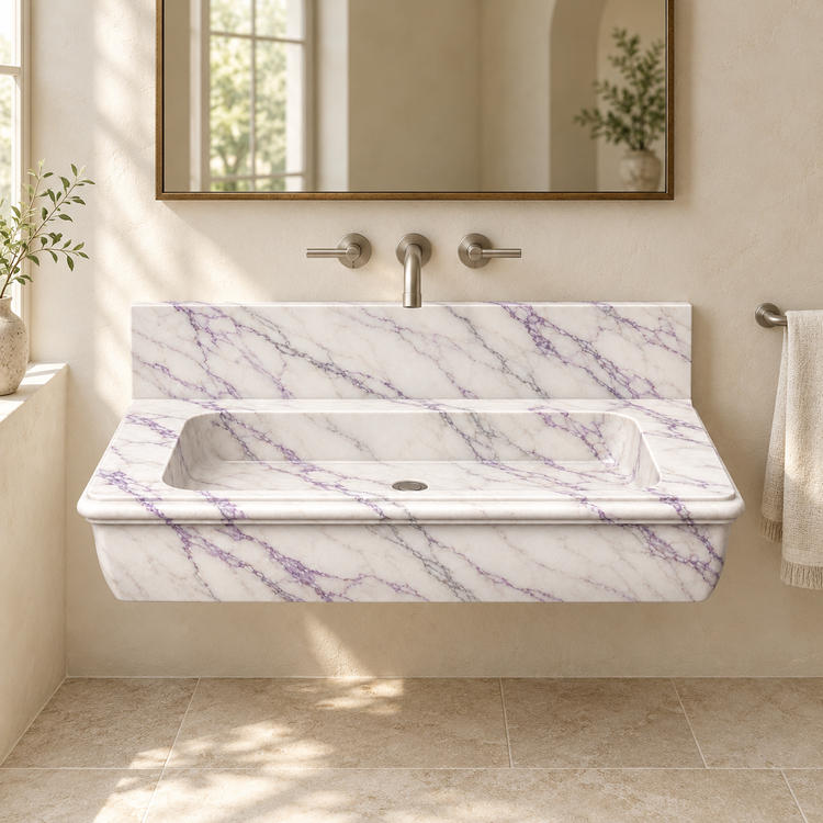 Ogee Lilac Classic Profile Floating Marble Sink, styled bathroom view, design rendering