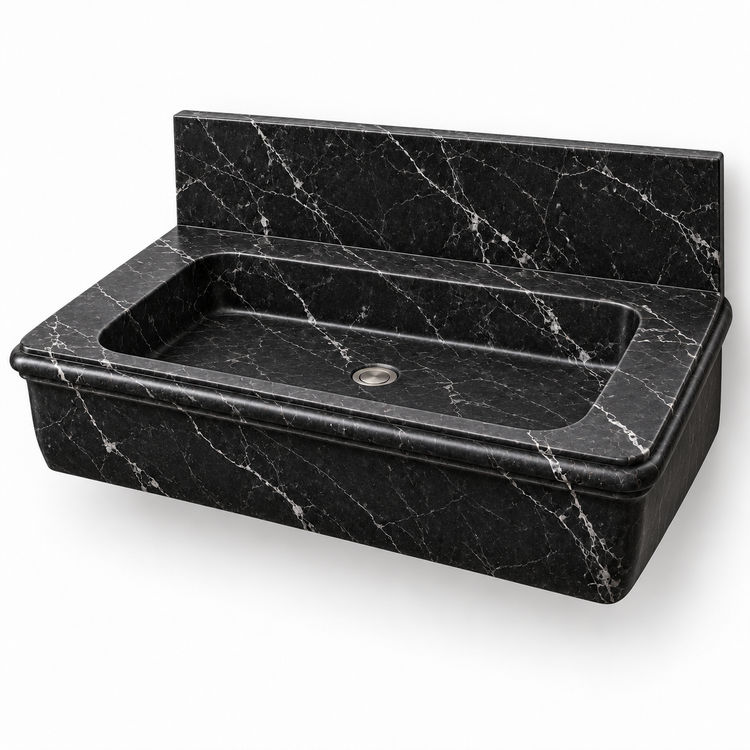 Ogee Nero Marquina Classic Profile Floating Marble Sink, three-quarter view on white, design rendering