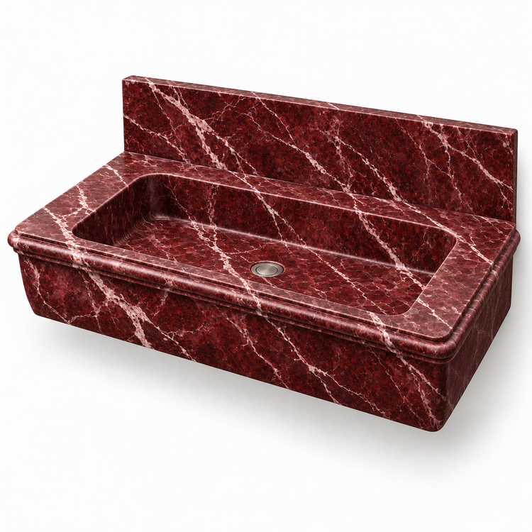 Ogee Rosso Levanto Classic Profile Floating Marble Sink, three-quarter view on white, design rendering