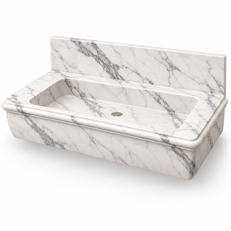 Ogee Statuario Classic Profile Floating Marble Sink, three-quarter view on white, design rendering