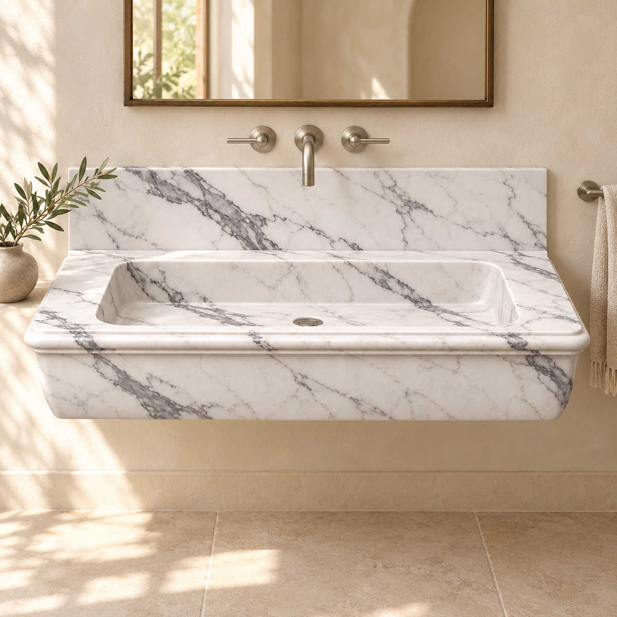 Ogee Statuario Classic Profile Floating Marble Sink, styled bathroom view, design rendering