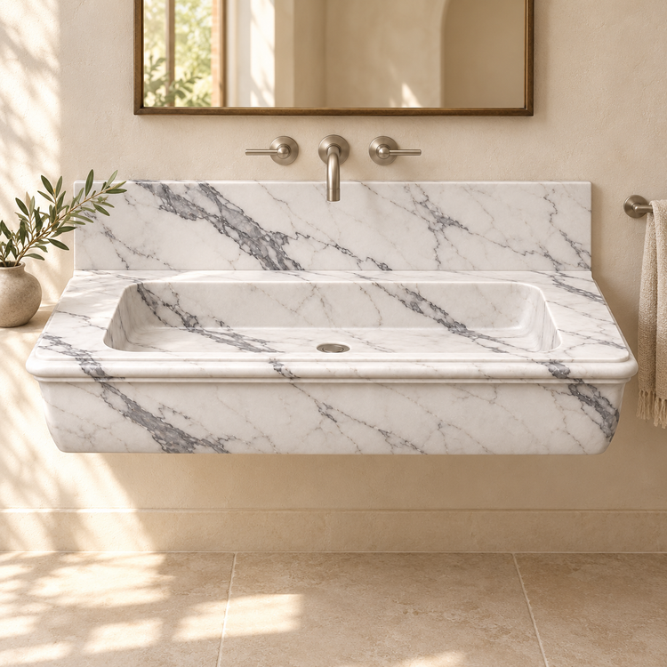 Ogee Statuario Classic Profile Floating Marble Sink, styled bathroom view, design rendering