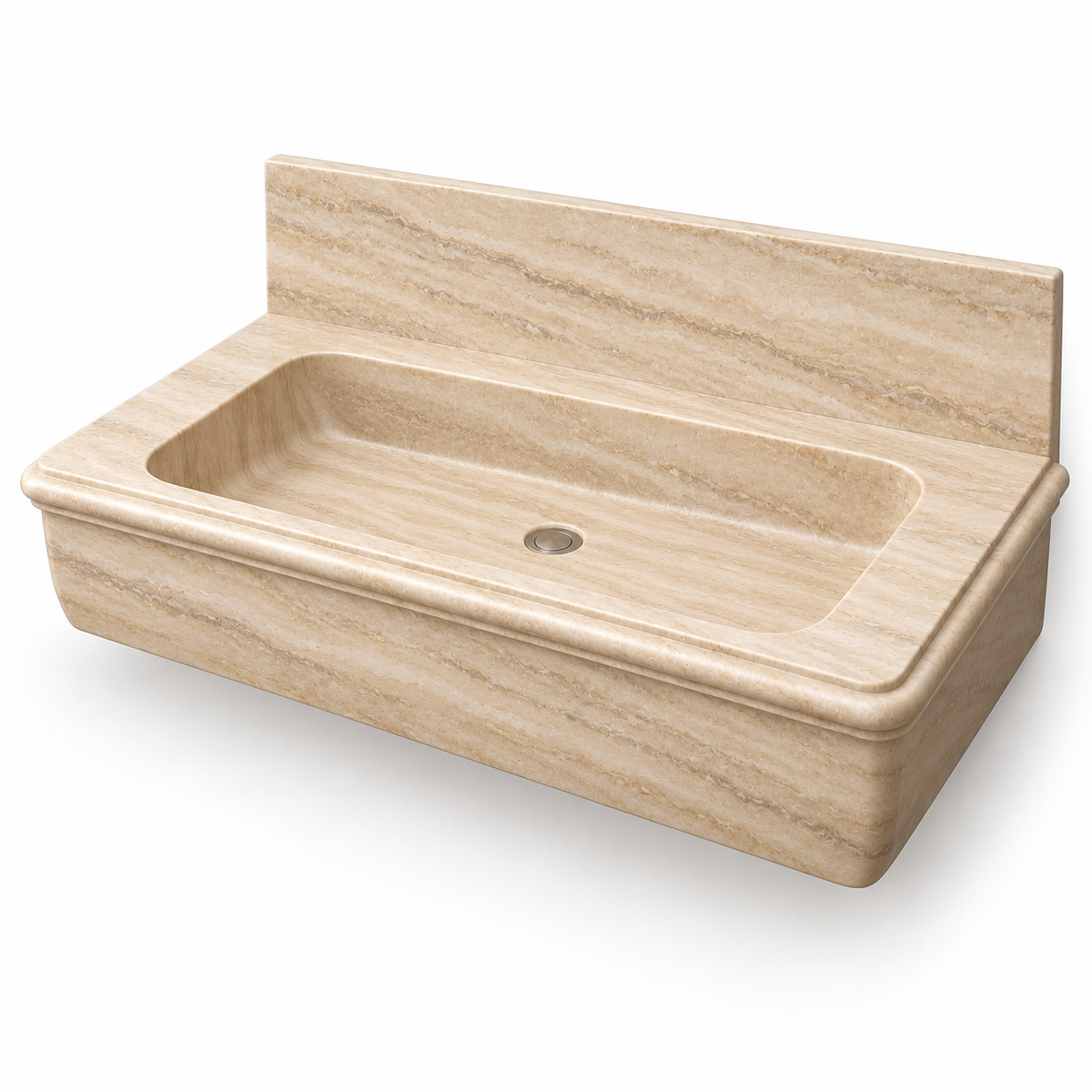 Ogee Travertine Classic Profile Floating Stone Sink, three-quarter view on white, design rendering
