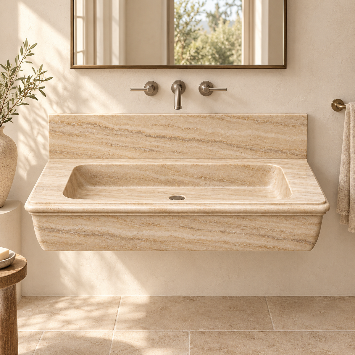 Ogee Travertine Classic Profile Floating Stone Sink, styled bathroom view, design rendering