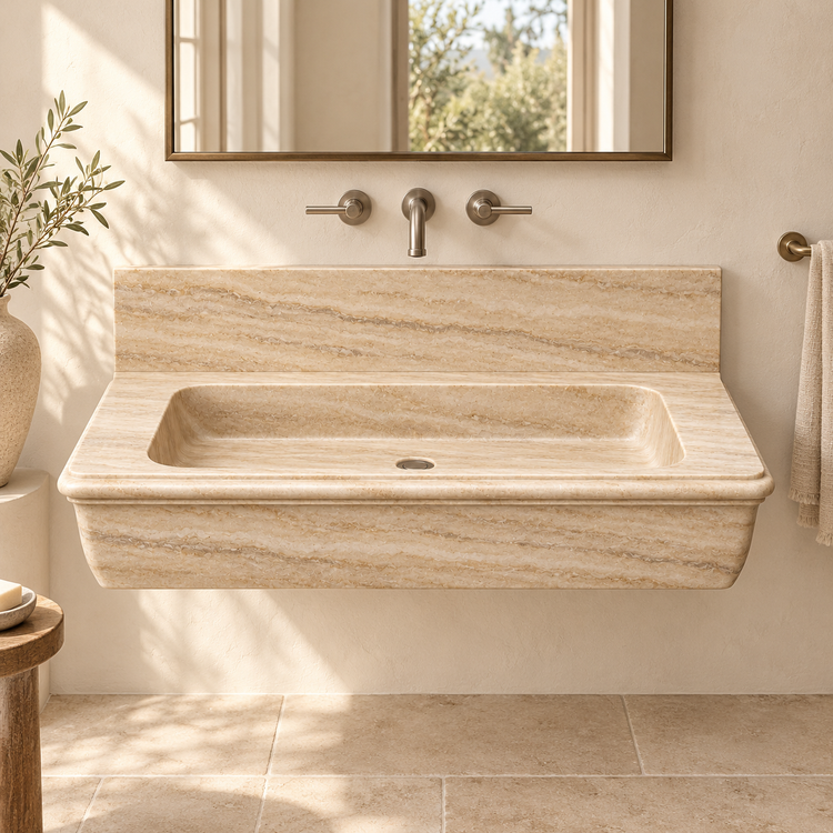 Ogee Travertine Classic Profile Floating Stone Sink, styled bathroom view, design rendering