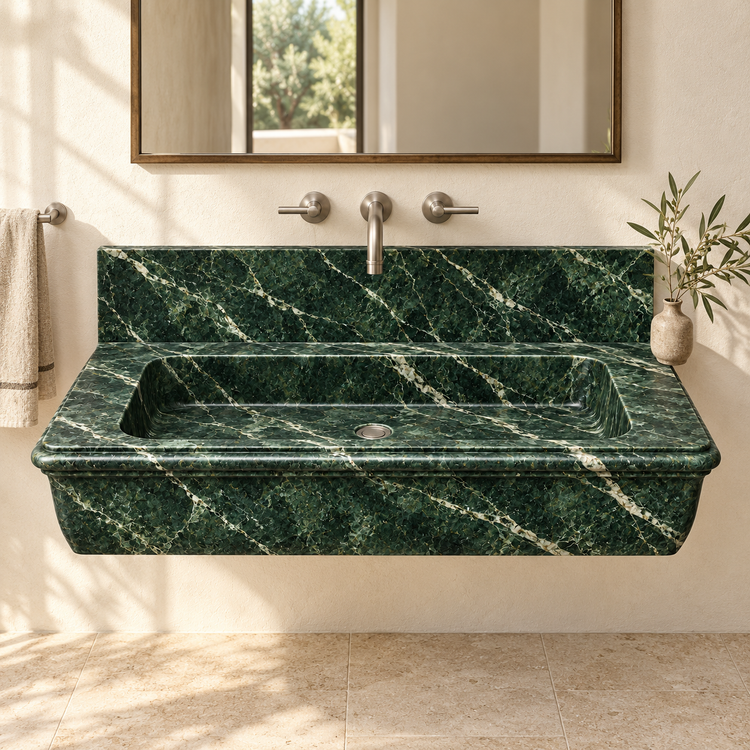 Ogee Verde Alpi Classic Profile Floating Marble Sink, styled bathroom view, design rendering