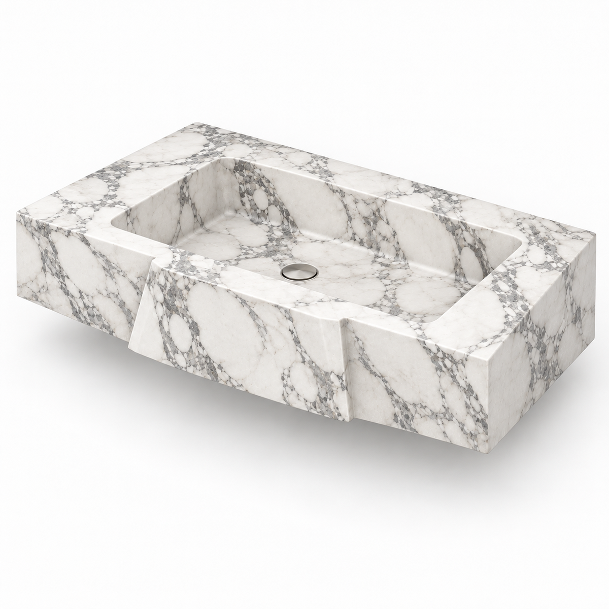 Origami Arabescato Faceted Front Floating Marble Sink, three-quarter view on white, design rendering
