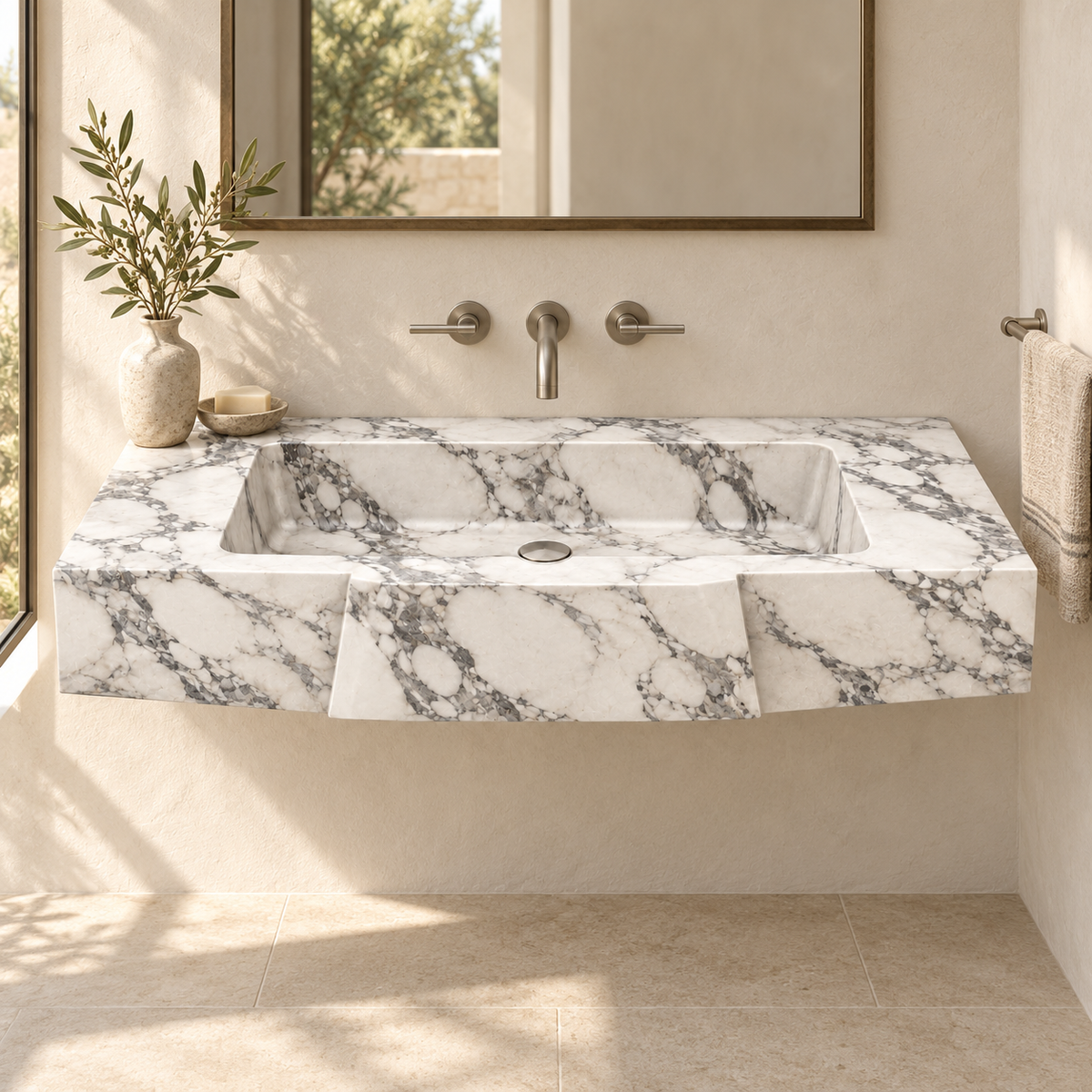 Origami Arabescato Faceted Front Floating Marble Sink, styled bathroom view, design rendering