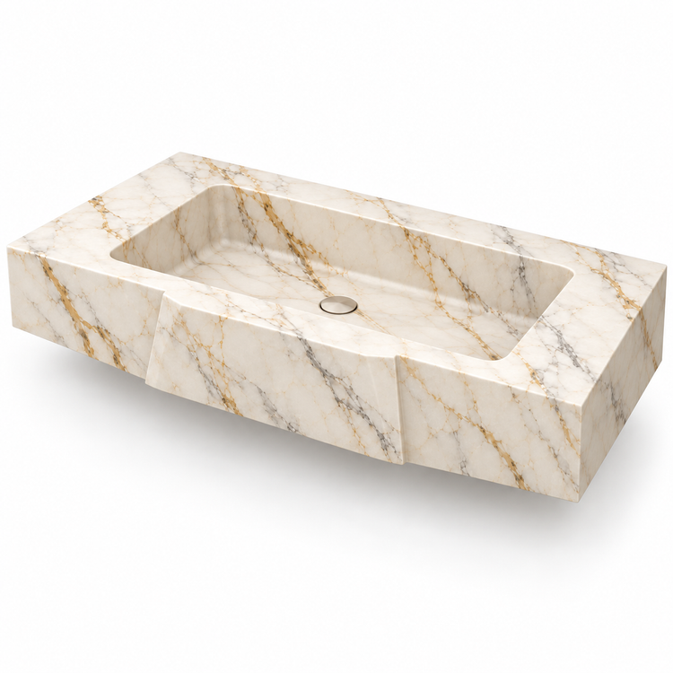 Origami Calacatta Gold Faceted Front Floating Marble Sink, three-quarter view on white, design rendering