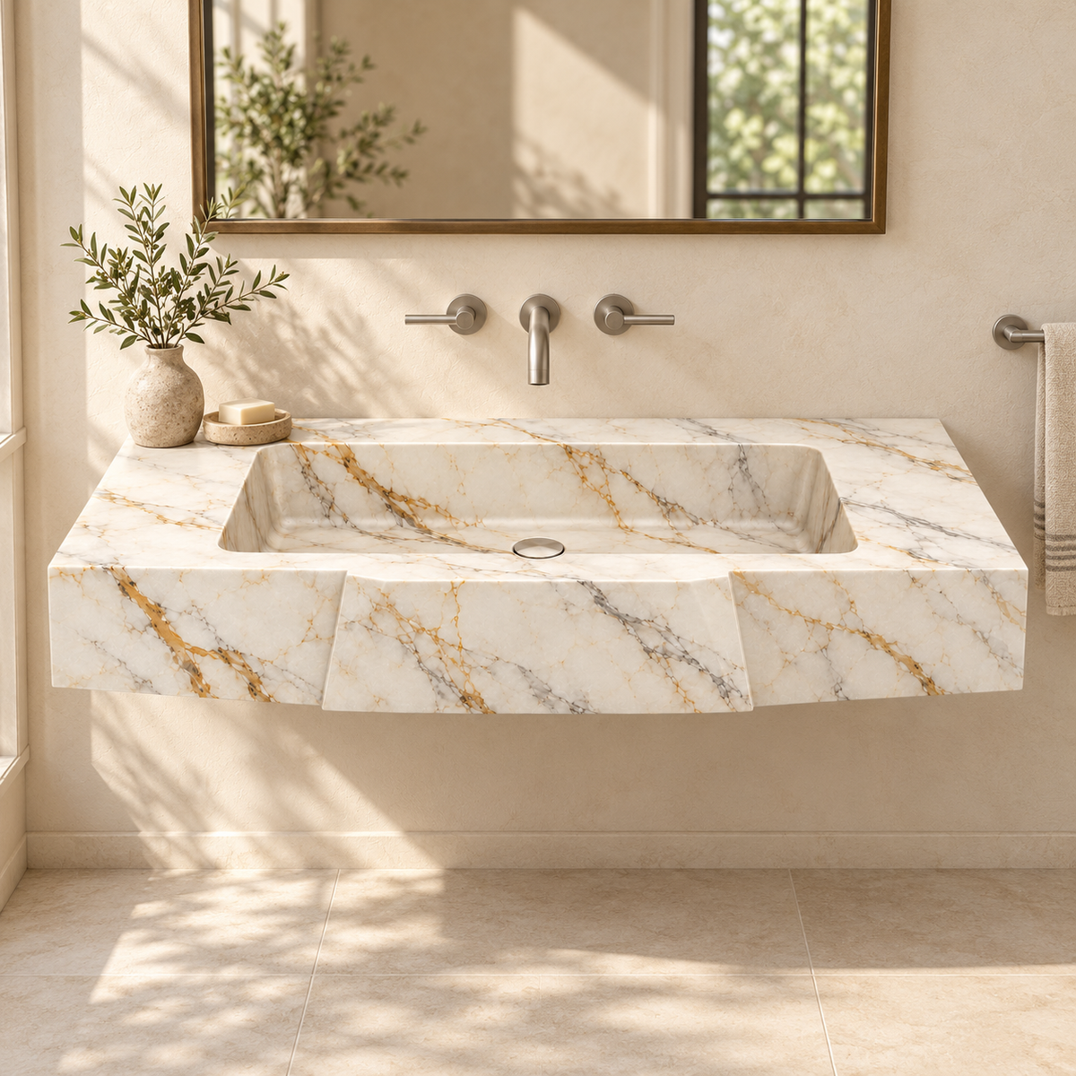 Origami Calacatta Gold Faceted Front Floating Marble Sink, styled bathroom view, design rendering