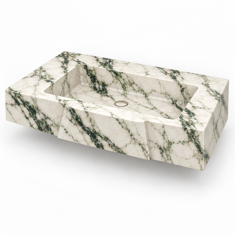 Origami Calacatta Green Faceted Front Floating Marble Sink, three-quarter view on white, design rendering