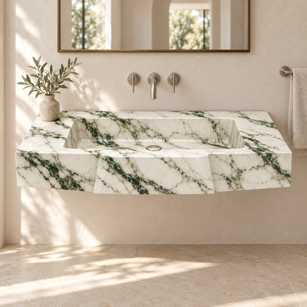 Origami Calacatta Green Faceted Front Floating Marble Sink, styled bathroom view, design rendering