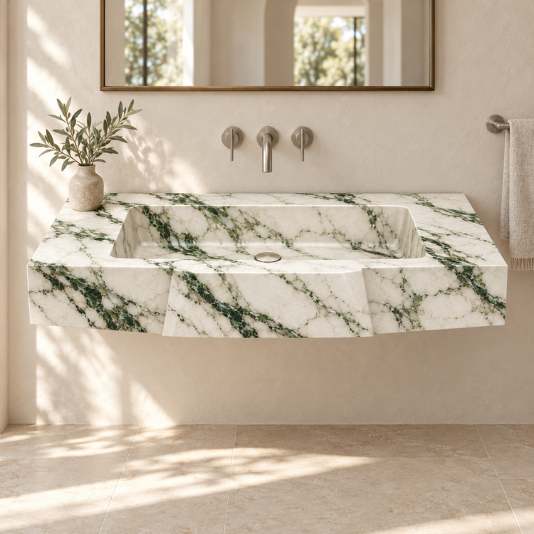 Origami Calacatta Green Faceted Front Floating Marble Sink, styled bathroom view, design rendering