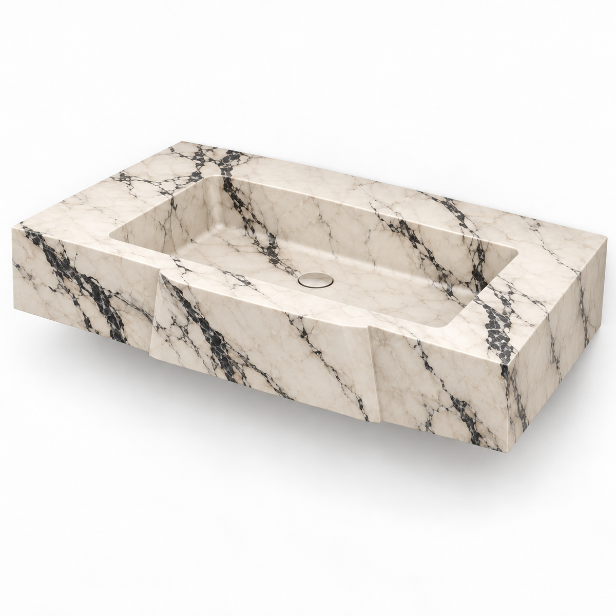 Origami Calacatta Viola Faceted Front Floating Marble Sink, three-quarter view on white, design rendering