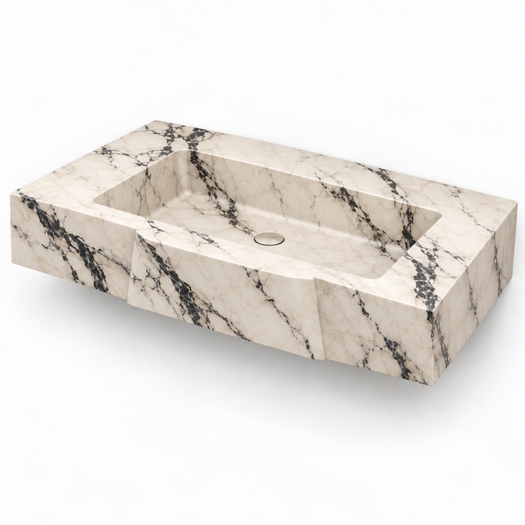 Origami Calacatta Viola Faceted Front Floating Marble Sink, three-quarter view on white, design rendering