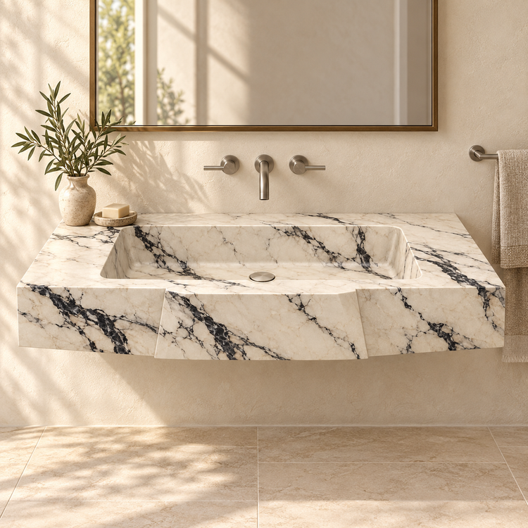 Origami Calacatta Viola Faceted Front Floating Marble Sink, styled bathroom view, design rendering