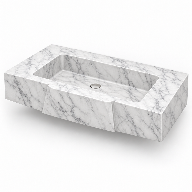 Origami Carrara Faceted Front Floating Marble Sink, three-quarter view on white, design rendering