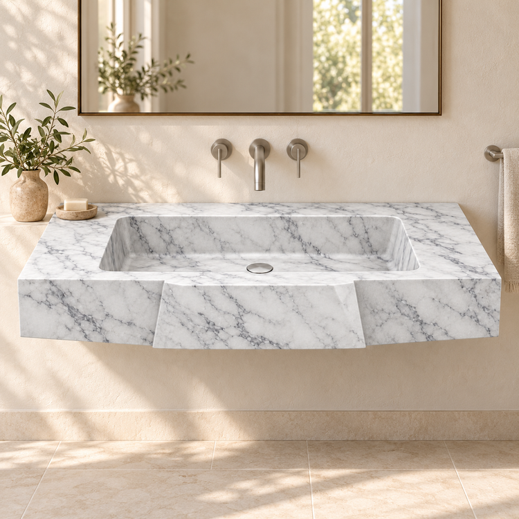 Origami Carrara Faceted Front Floating Marble Sink, styled bathroom view, design rendering