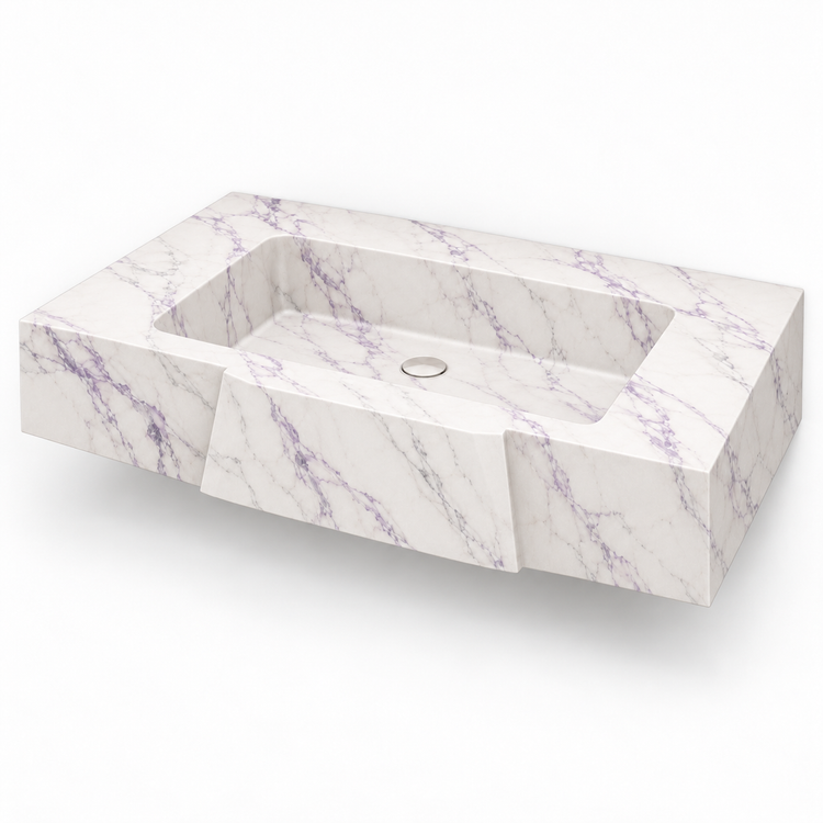 Origami Lilac Faceted Front Floating Marble Sink, three-quarter view on white, design rendering