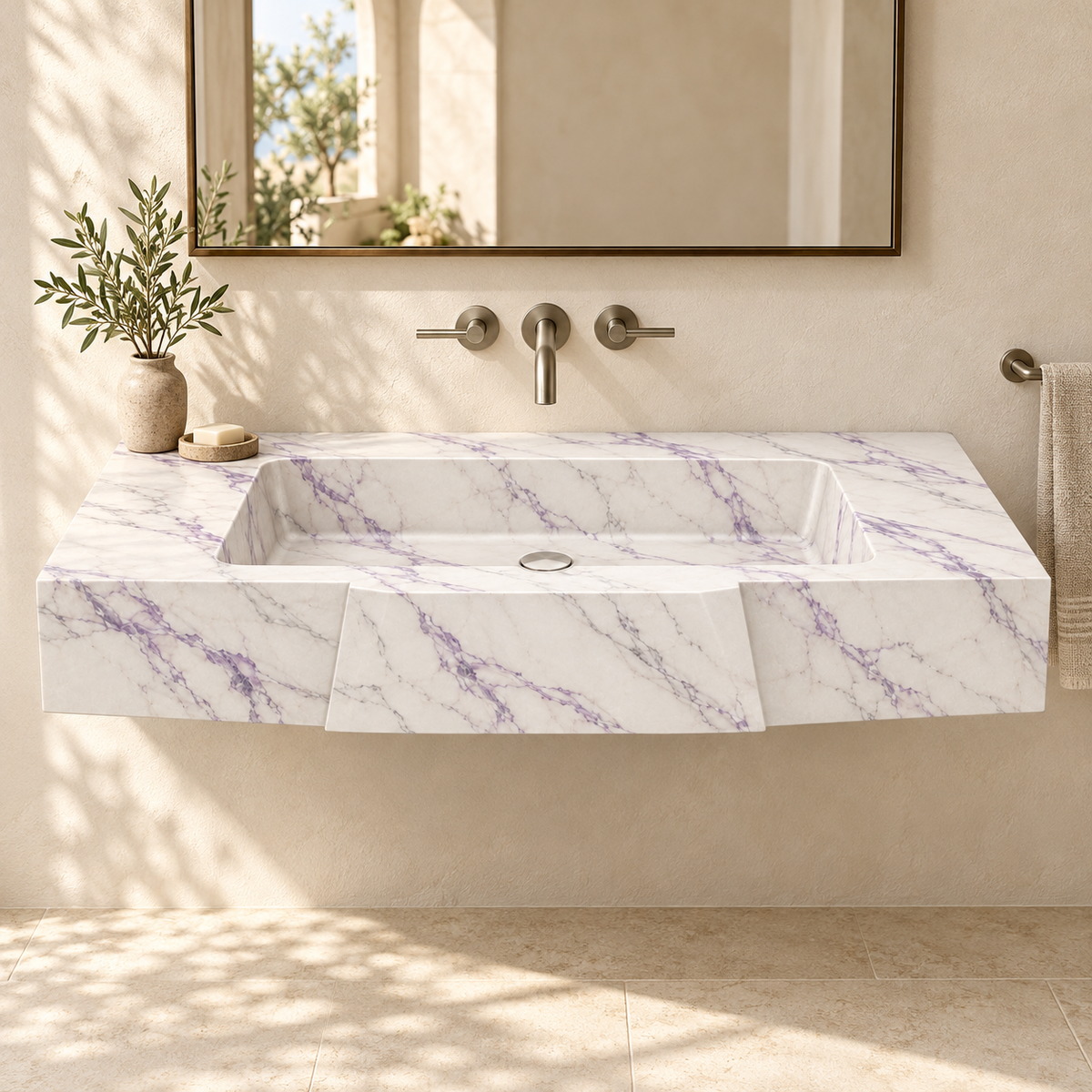 Origami Lilac Faceted Front Floating Marble Sink, styled bathroom view, design rendering