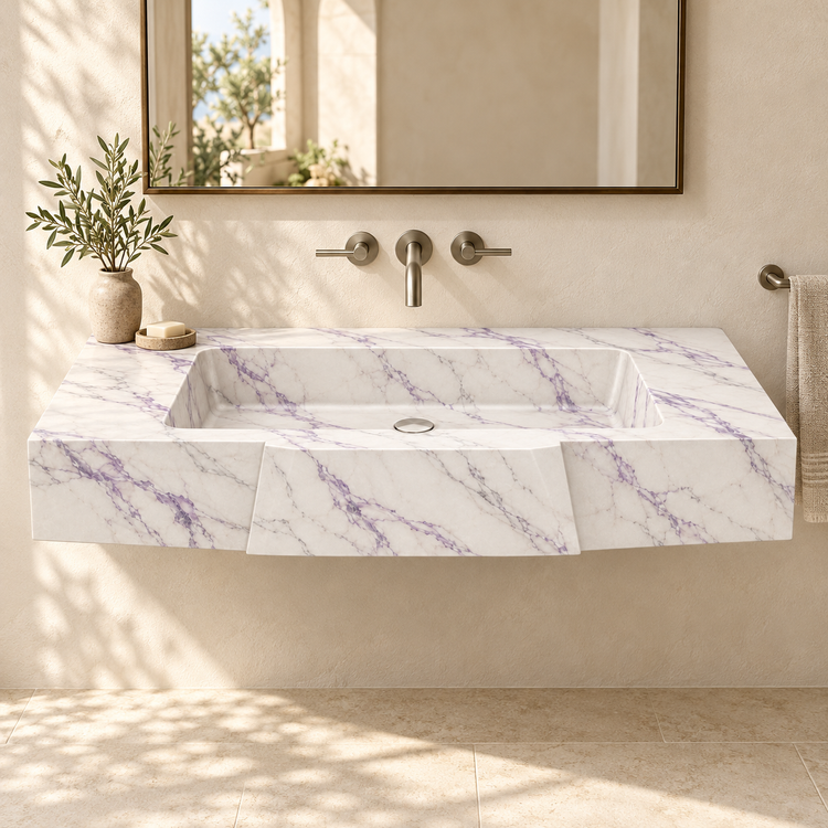 Origami Lilac Faceted Front Floating Marble Sink, styled bathroom view, design rendering
