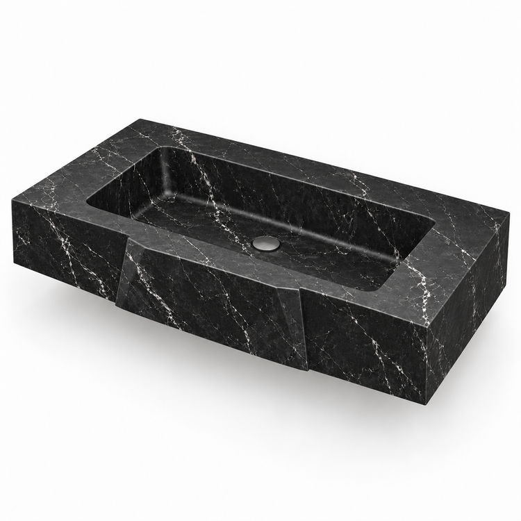 Origami Nero Marquina Faceted Front Floating Marble Sink, three-quarter view on white, design rendering