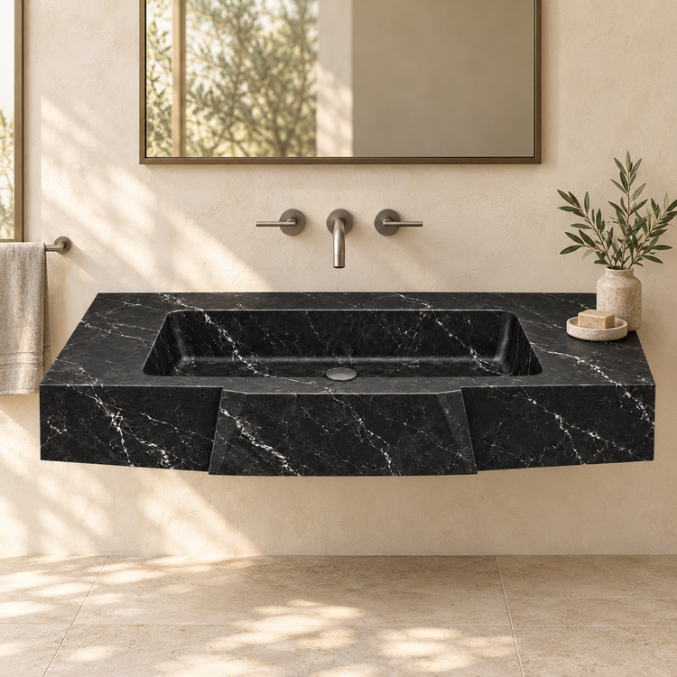 Origami Nero Marquina Faceted Front Floating Marble Sink, styled bathroom view, design rendering