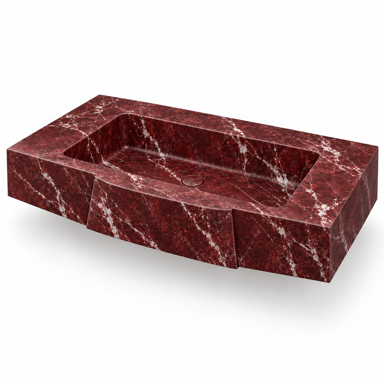 Origami Rosso Levanto Faceted Front Floating Marble Sink, three-quarter view on white, design rendering