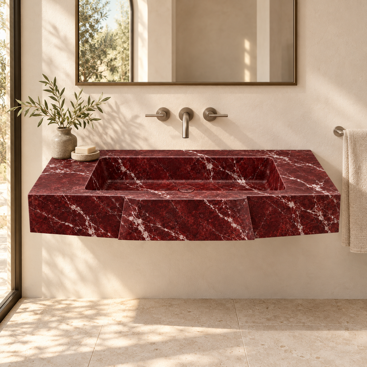 Origami Rosso Levanto Faceted Front Floating Marble Sink, styled bathroom view, design rendering