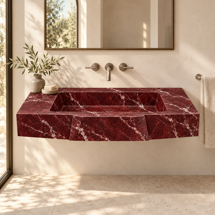 Origami Rosso Levanto Faceted Front Floating Marble Sink, styled bathroom view, design rendering