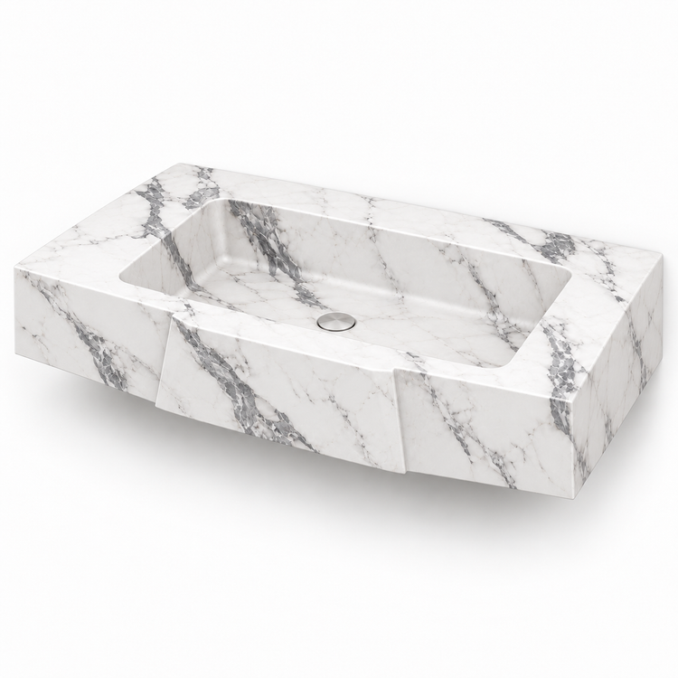 Origami Statuario Faceted Front Floating Marble Sink, three-quarter view on white, design rendering