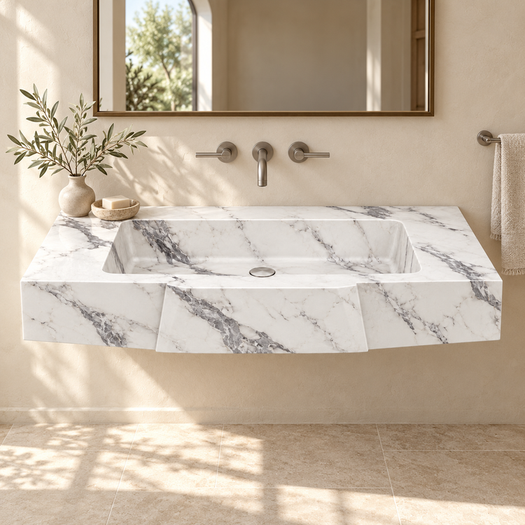 Origami Statuario Faceted Front Floating Marble Sink, styled bathroom view, design rendering