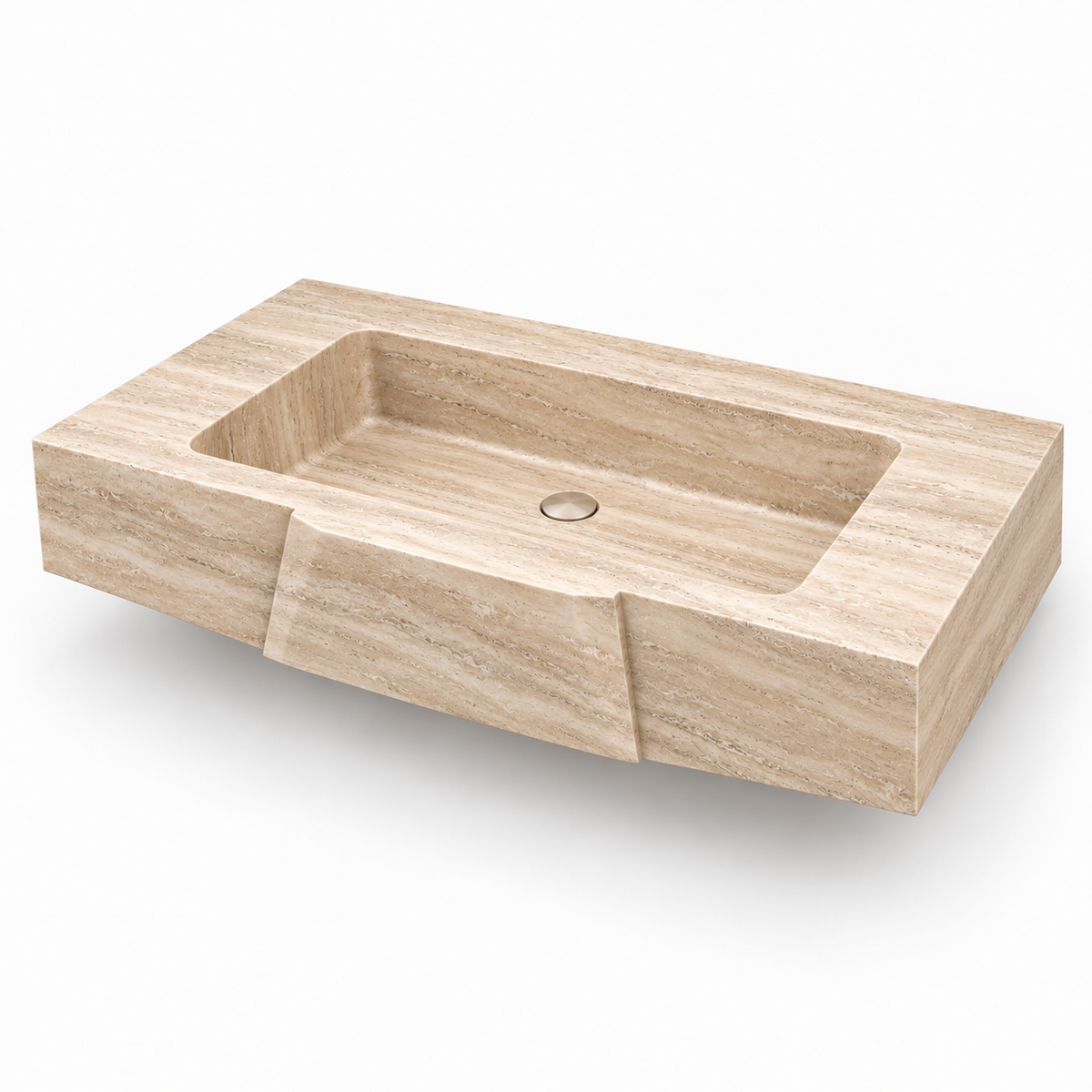 Origami Travertine Faceted Front Floating Stone Sink, three-quarter view on white, design rendering