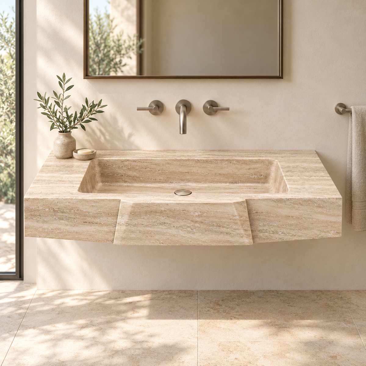 Origami Travertine Faceted Front Floating Stone Sink, styled bathroom view, design rendering
