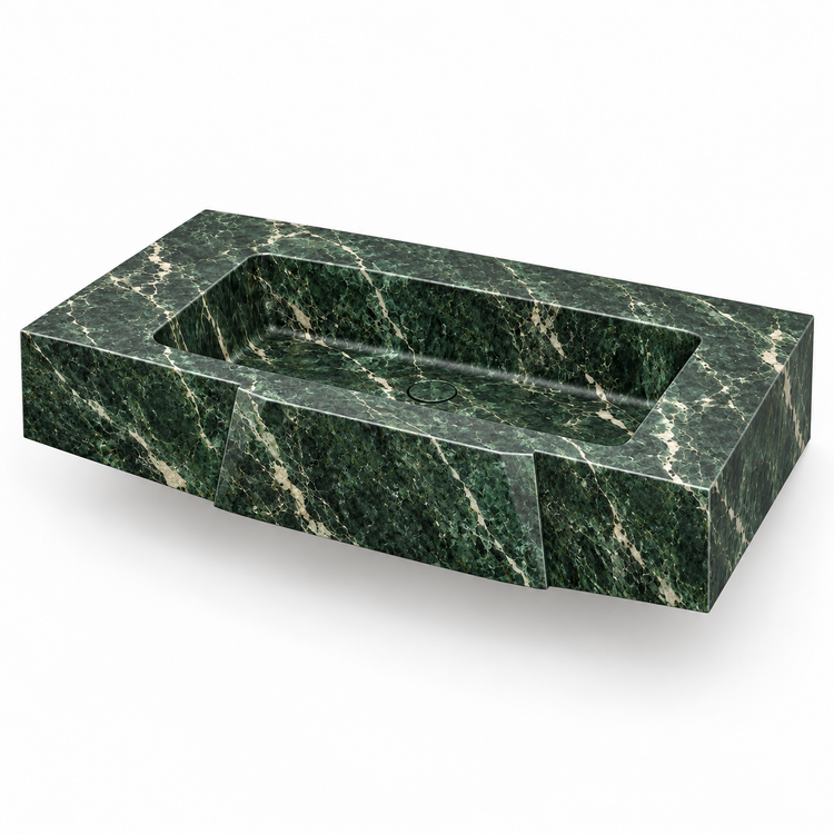 Origami Verde Alpi Faceted Front Floating Marble Sink, three-quarter view on white, design rendering