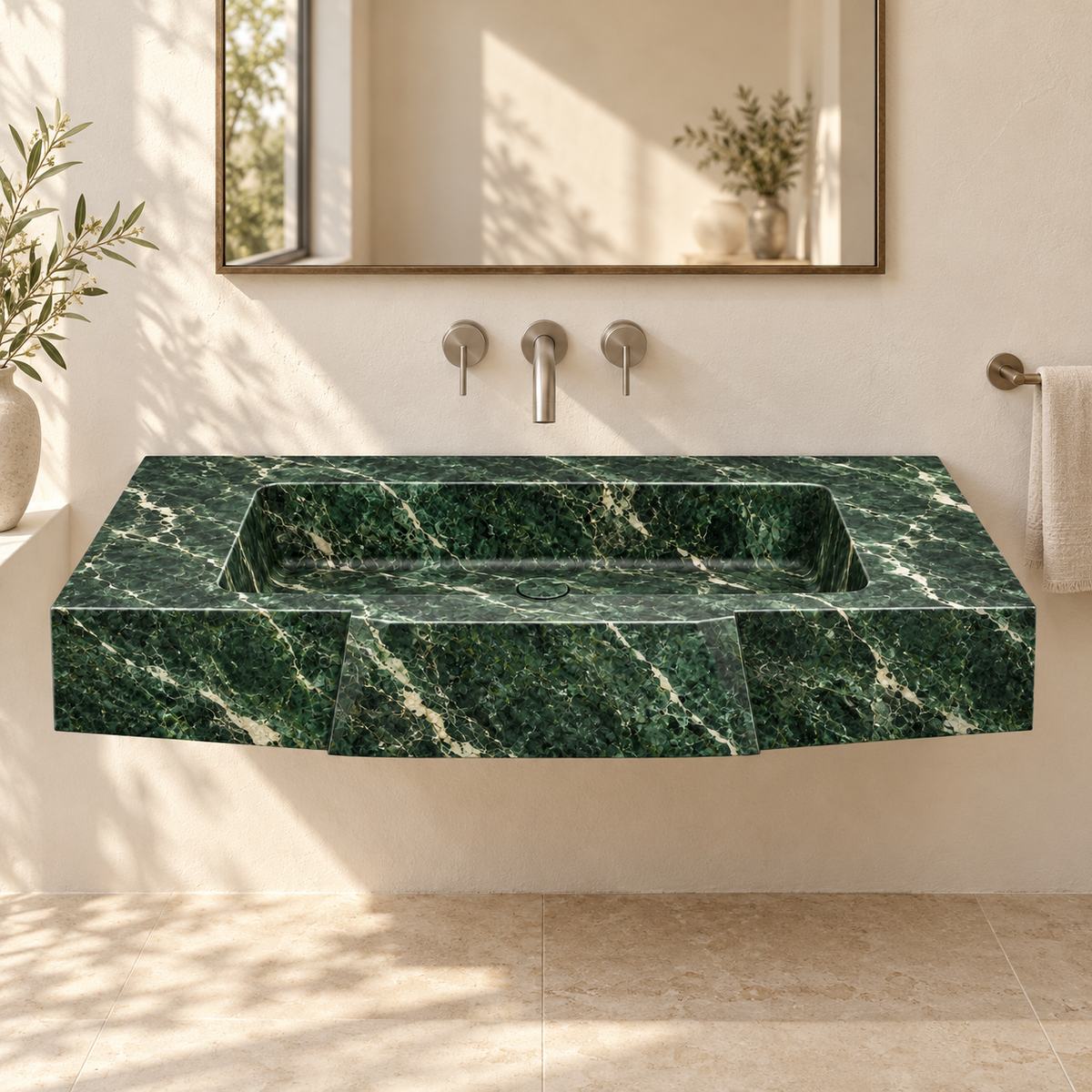 Origami Verde Alpi Faceted Front Floating Marble Sink, styled bathroom view, design rendering