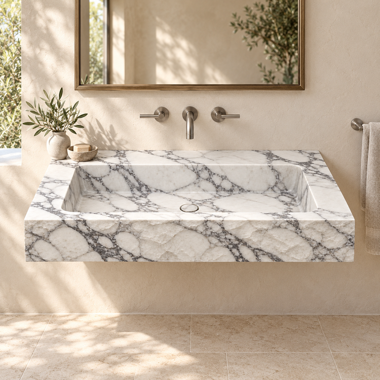 Petra Arabescato Chiseled Front Floating Marble Sink, styled bathroom view, design rendering