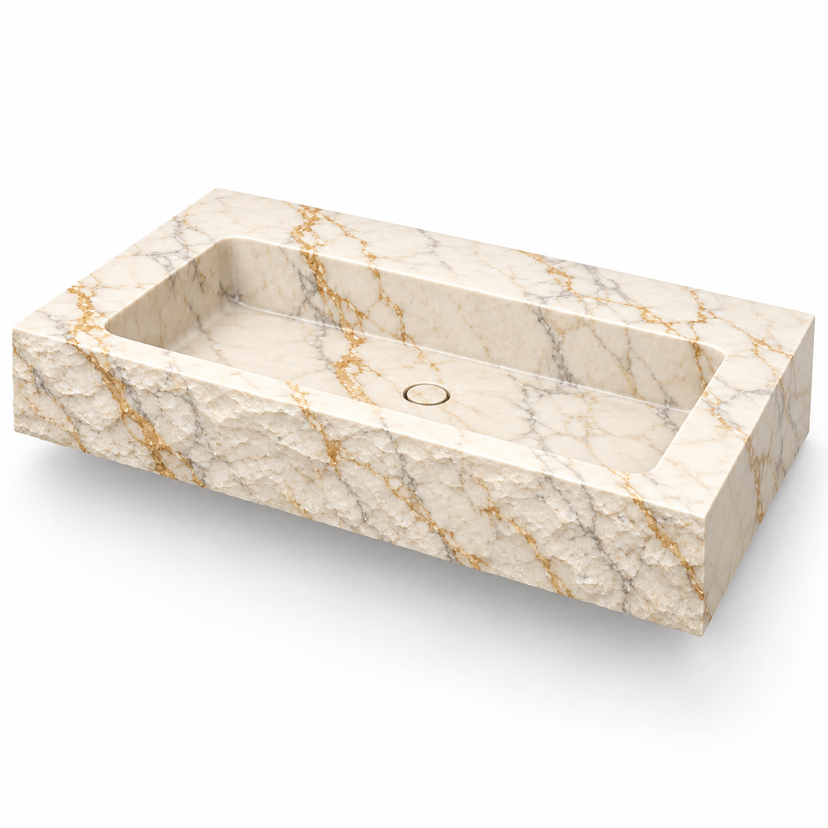 Petra Calacatta Gold Chiseled Front Floating Marble Sink, three-quarter view on white, design rendering
