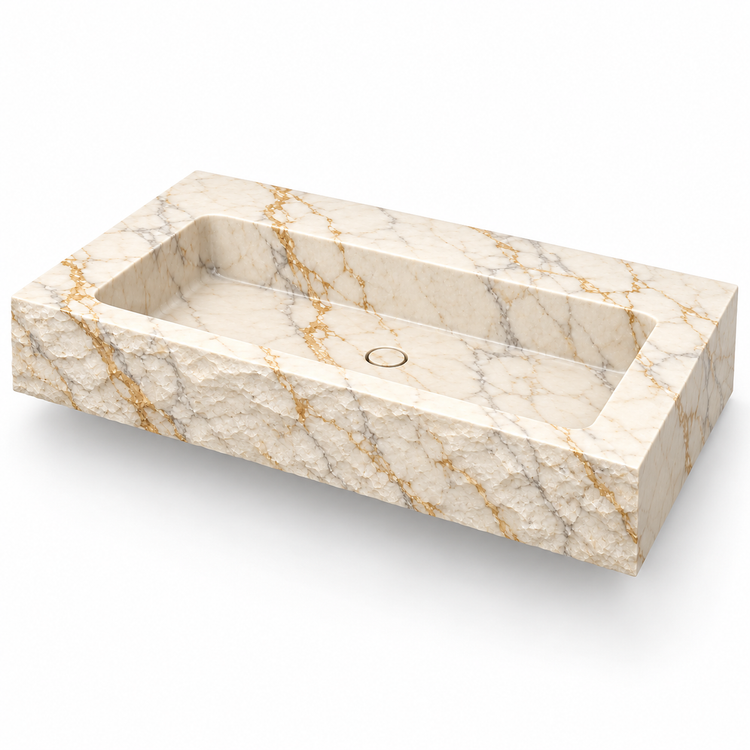 Petra Calacatta Gold Chiseled Front Floating Marble Sink, three-quarter view on white, design rendering