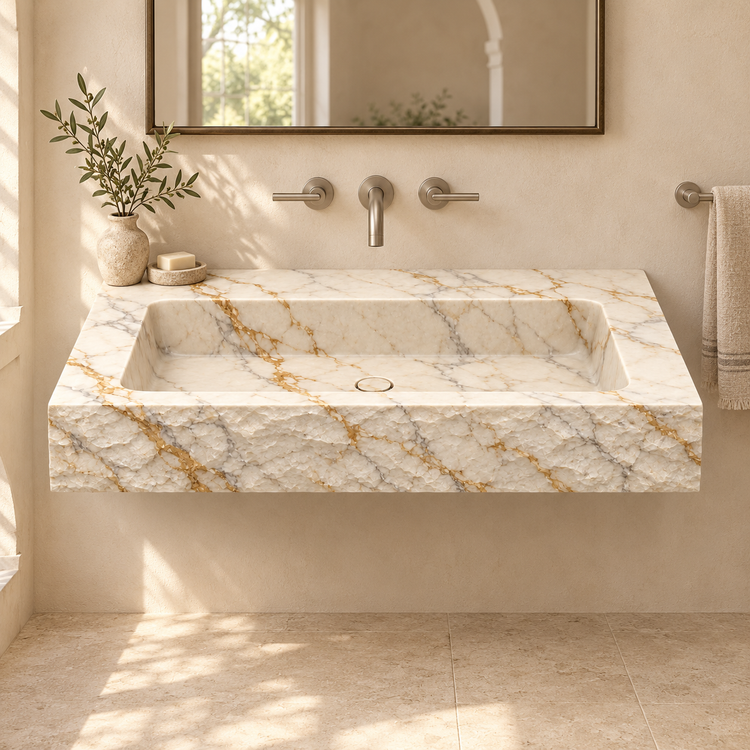 Petra Calacatta Gold Chiseled Front Floating Marble Sink, styled bathroom view, design rendering
