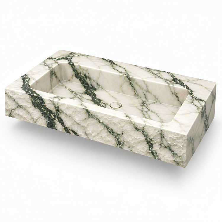 Petra Calacatta Green Chiseled Front Floating Marble Sink, three-quarter view on white, design rendering