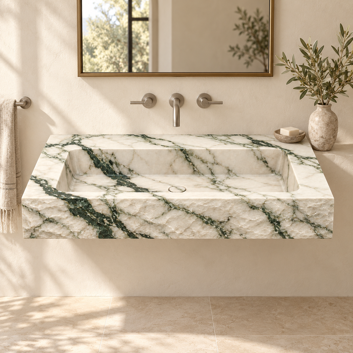 Petra Calacatta Green Chiseled Front Floating Marble Sink, styled bathroom view, design rendering